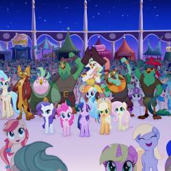 From L to R: PRINCESS SKYSTAR (Kristin Chenoweth), CAPPER (Taye Diggs), RARITY (Tabitha St. Germain), PINKIE PIE (Andrea Libman), TWILIGHT SPARKLE (Tara Strong), RAINBOW DASH (Ashleigh Ball), CAPTAIN CELAENO (Zoe Saldana), APPLEJACK (Ashleigh Ball) and FLUTTERSHY (Andrea Libman) in MY LITTLE PONY: THE MOVIE.
