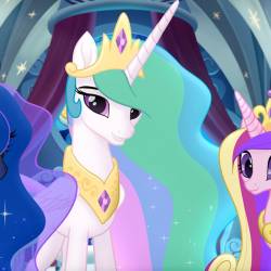 From L to R: PRINCESS LUNA (Tabitha St. Germain), PRINCESS CELESTIA (Nicole Oliver) and PRINCESS CADENCE (Britt McKillip) in MY LITTLE PONY: THE MOVIE.